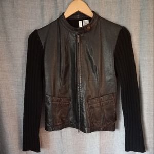 Twiggy Leather & Wool Bomber Jacket Black Biker Coat Zip Up Women's Juniors Sz S